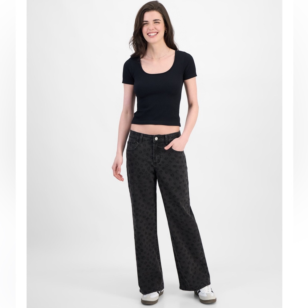 Wide Leg Black Leopard Print Women's Low Rise Jeans